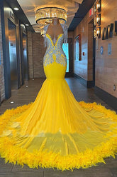 Classic Yellow Long Mermaid V-neck Backless Prom Dress with Tassels